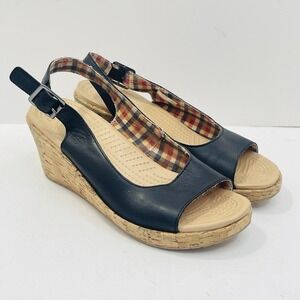 Womens 8 Crocs A-Leigh Slingback Sandals Black Leather Cork High Heel Buckle